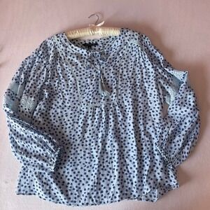 Zac & Rachel Woman Blue Polka Dot Peasant Blouse Lace Sleeve Tassel 2X NWT